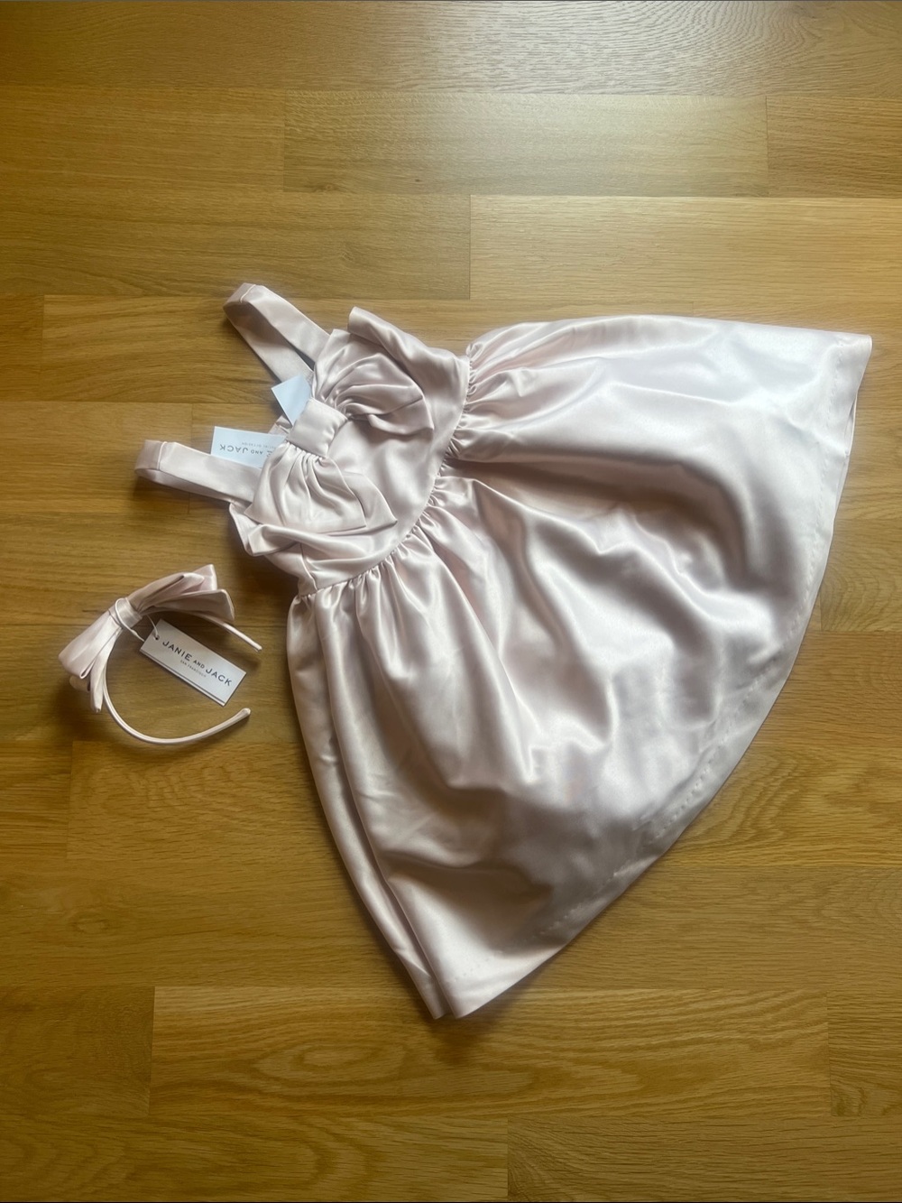 Janie and Jack Light Pink Satin Girls' Party Dress with Matching Bow Headband